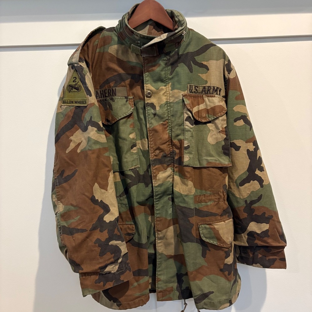Vtg 80s M-65 Field Jacket Medium Long Woodland Camo Cold Weather Hell On Wheels